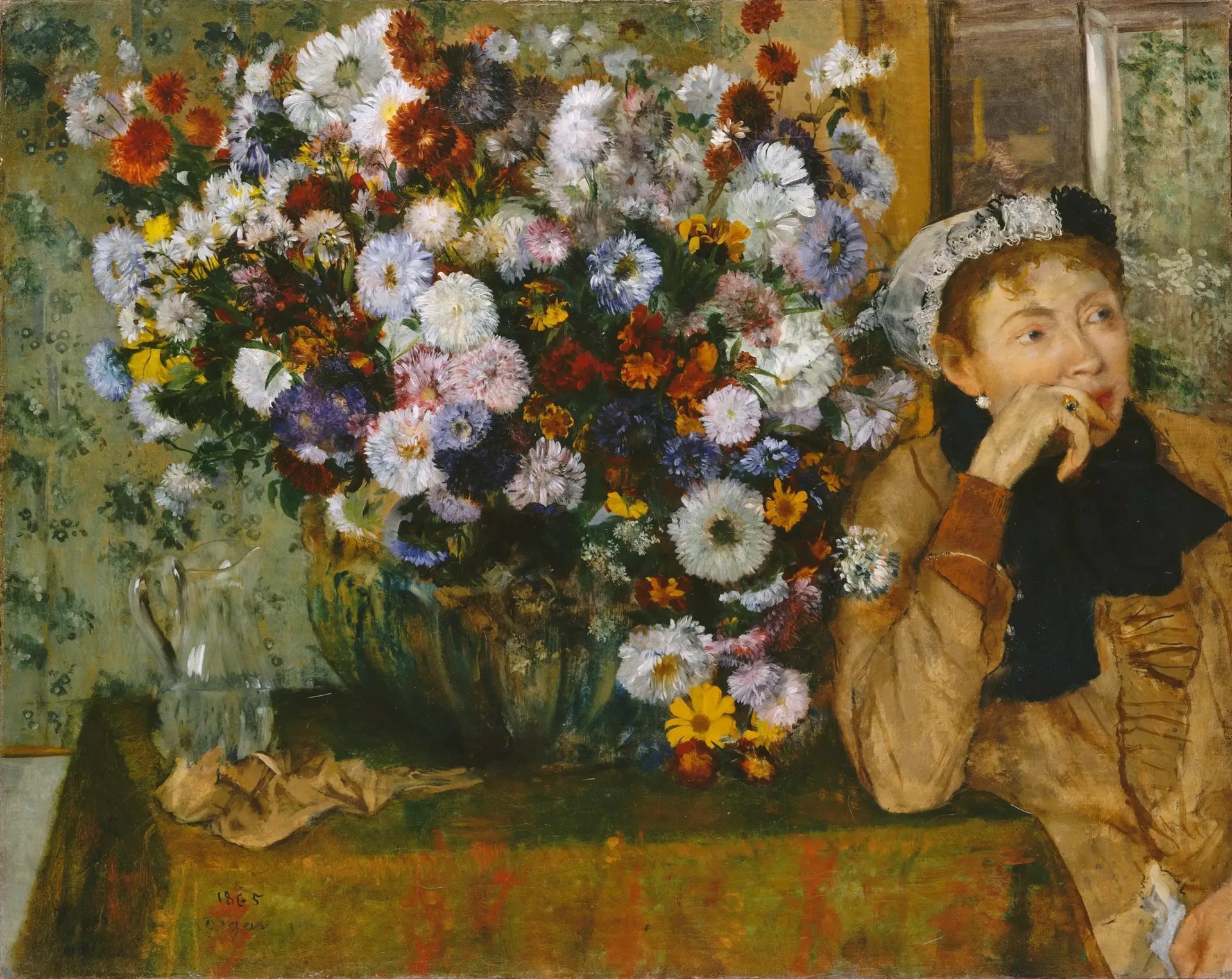 Femme assise à côté d'un vase de fleurs - Edgar Degas image 1 copie de tableau peinte à la main