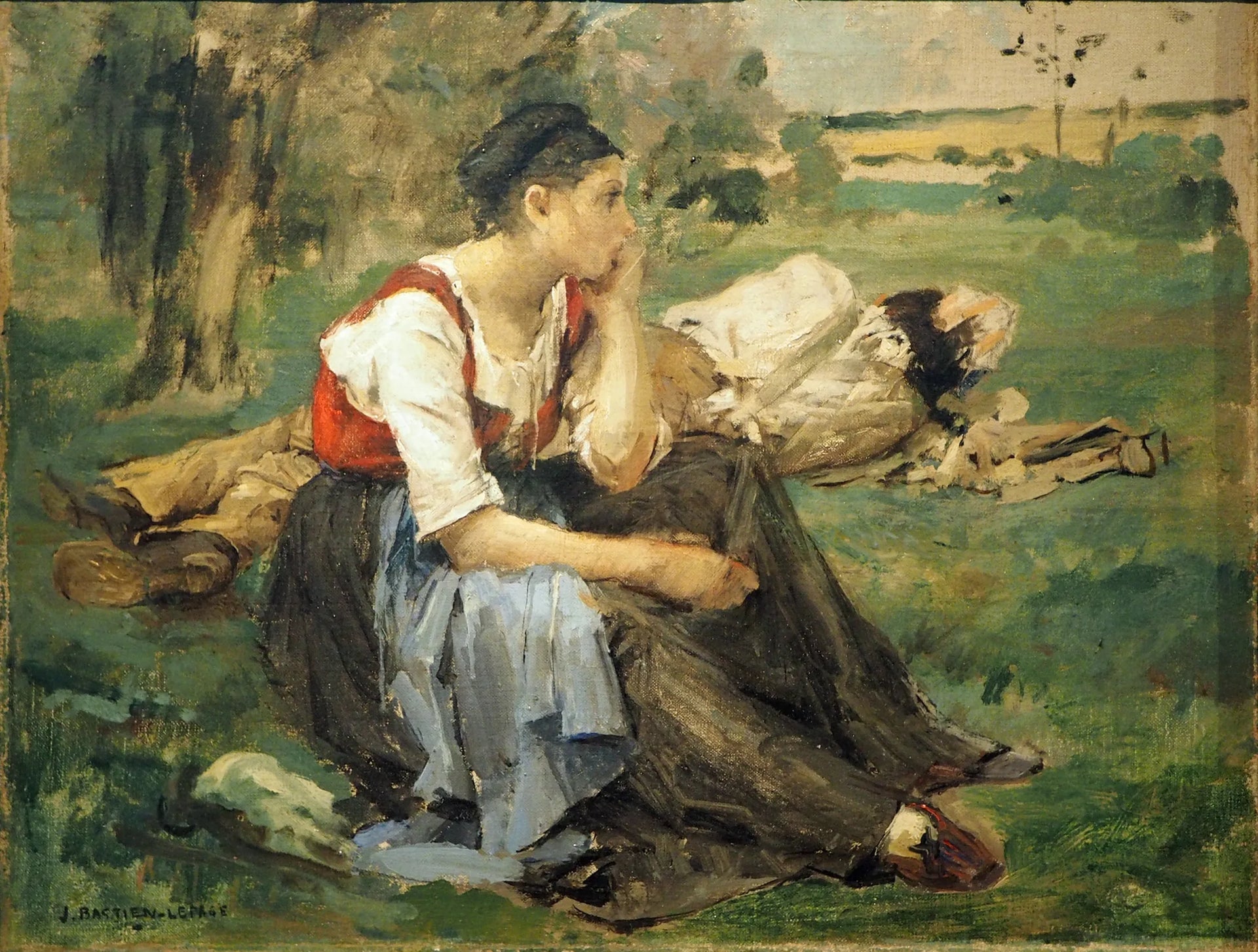Femme assise dans l'herbe près d'un homme endormi - Jules Bastien-Lepage image 1 reproduction artisanale de tableau
