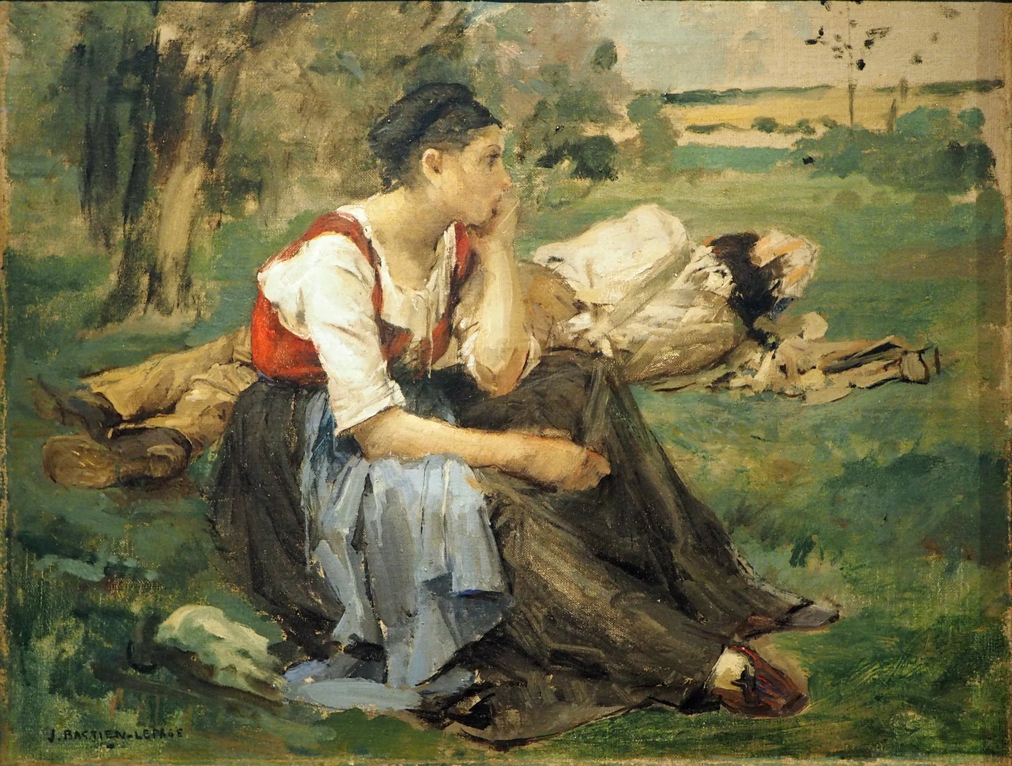 Femme assise dans l'herbe près d'un homme endormi - Jules Bastien-Lepage image 1 reproduction artisanale de tableau