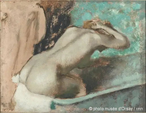 Femme assise sur le bord d'une baignoire et s'épongeant le cou - Edgar Degas image 1 copie peinte à la main à l’huile