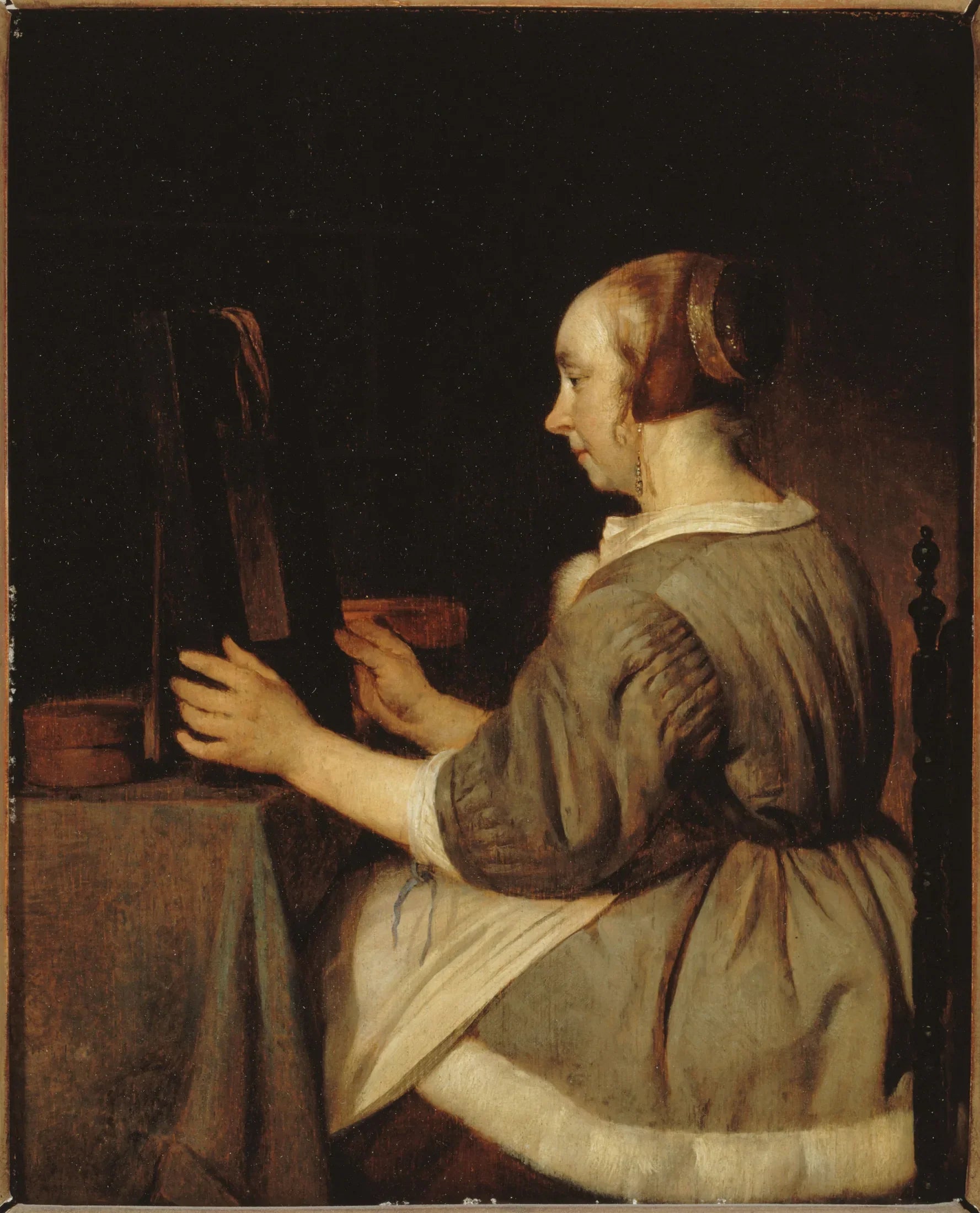 Femme au miroir - Gabriel Metsu image 1 copie de tableau peinte à la main