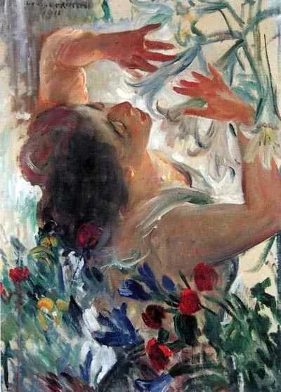 Femme avec des lys dans une serre - Lovis Corinth image 1 reproduction de peinture à l’huile