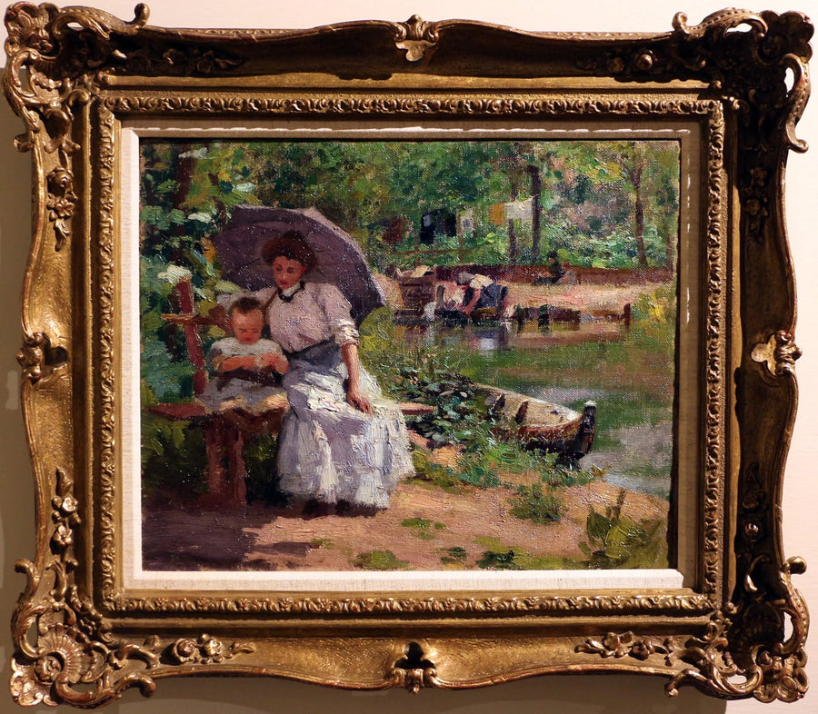 Femme avec enfant assise dans un bois - Federico Zandomeneghi