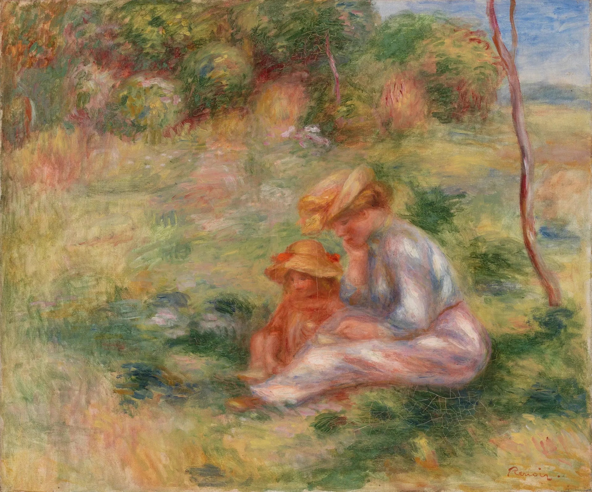 Femme avec enfant sur l'herbe - Pierre-Auguste Renoir image 1 tableau peint à l’huile sur toile