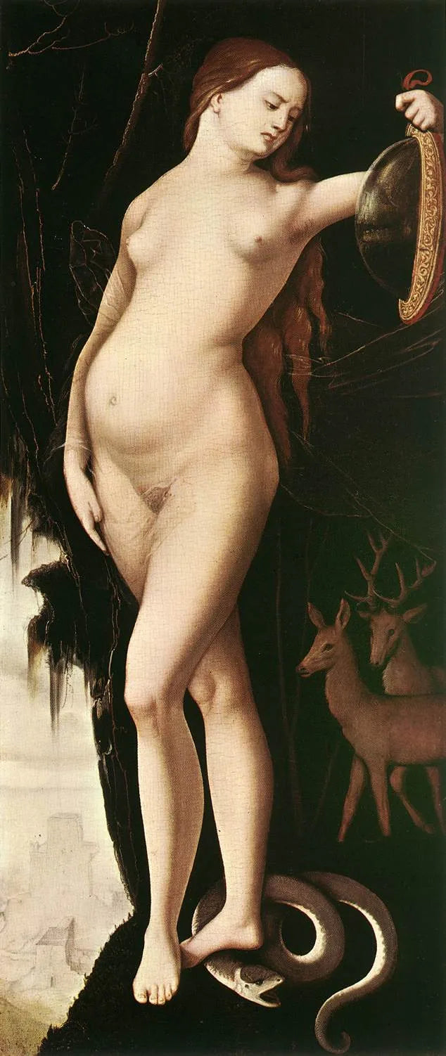 Femme avec miroir, serpent, cerf et chien - Hans Baldung Grien image 1 reproduction d’œuvre d’art à l’huile
