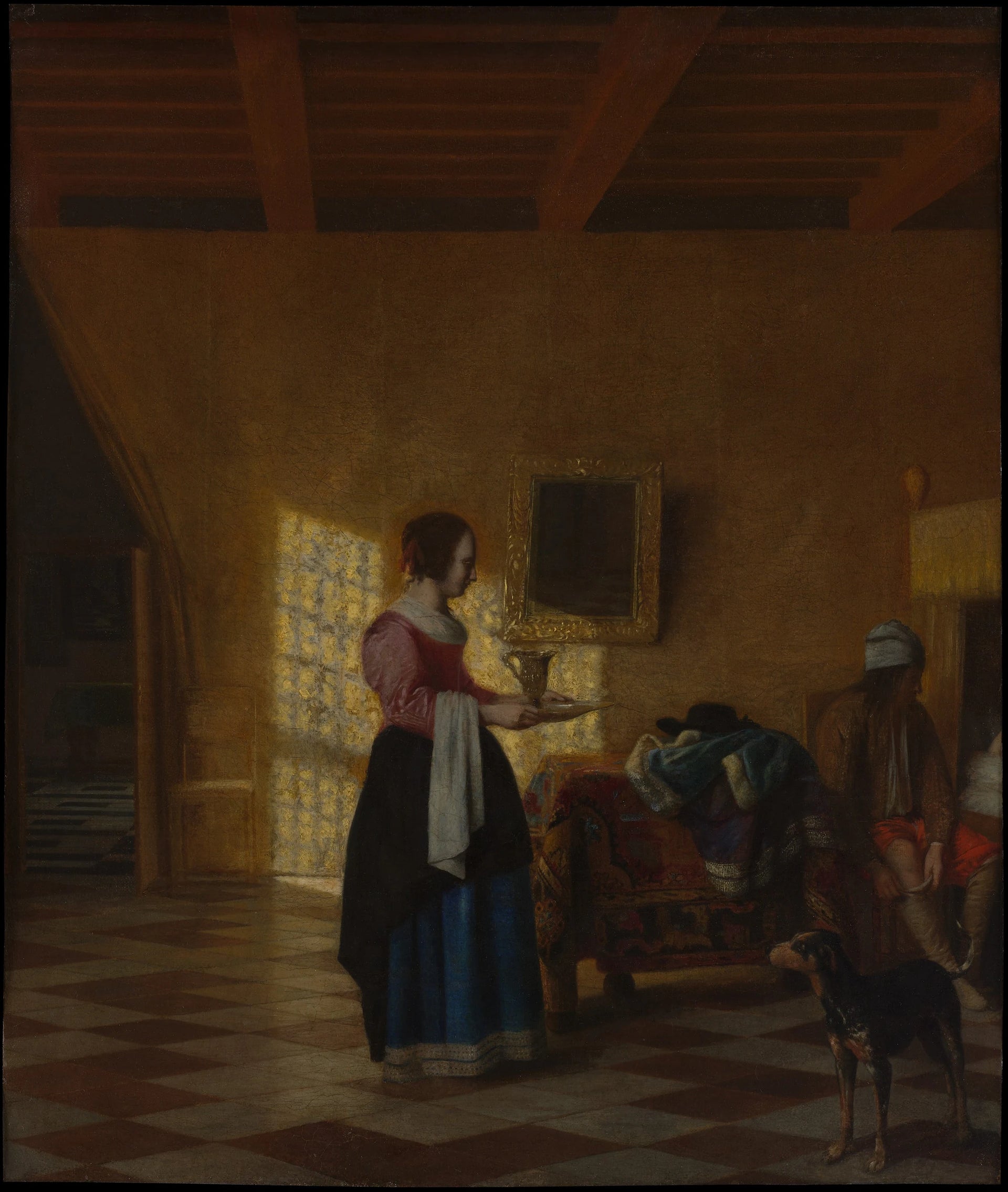 Femme avec un pichet d'eau, et un homme près d'un lit - Pieter de Hooch