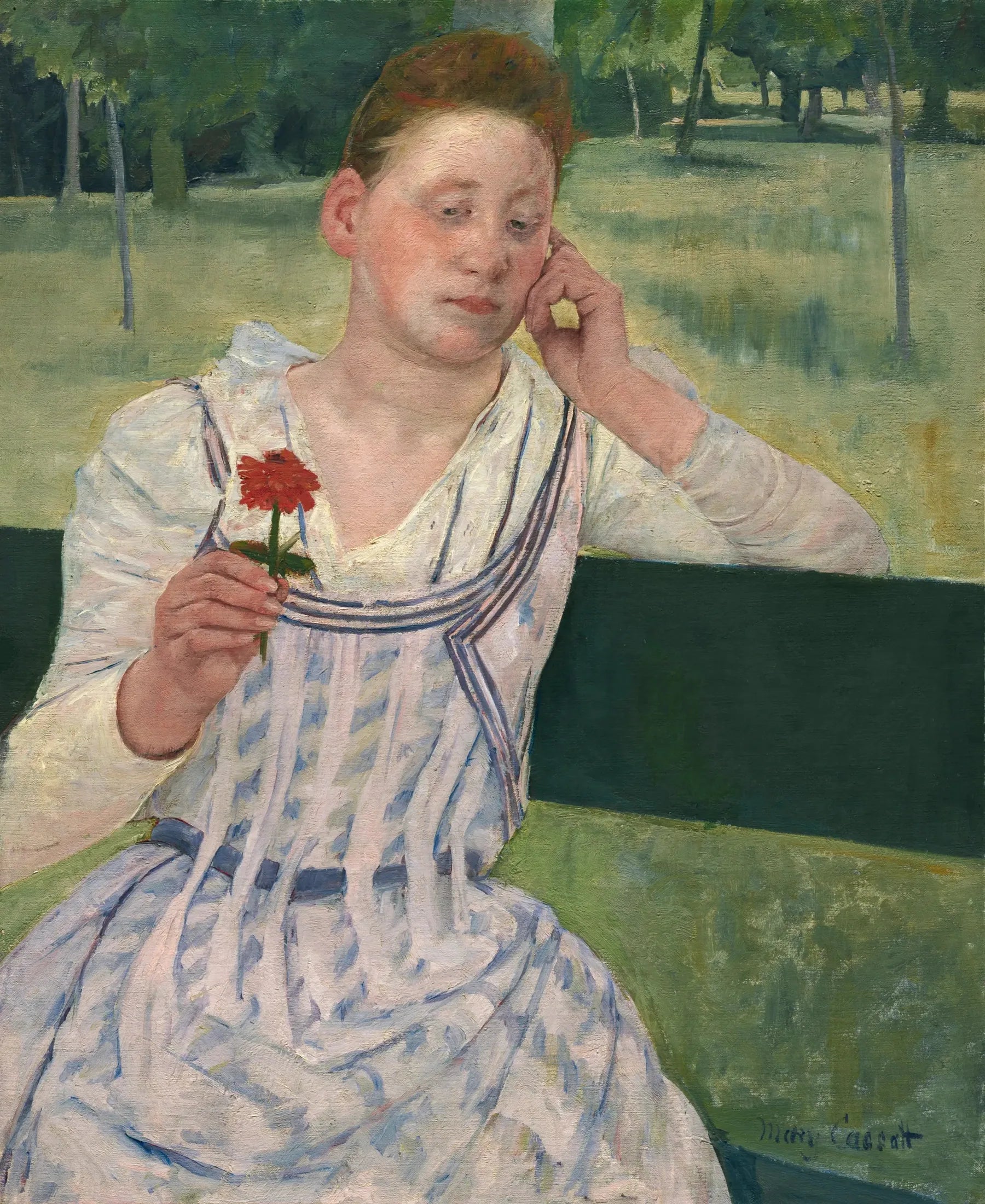 Femme avec un zinnia rouge - Mary Cassatt image 1 copie peinte à la main à l’huile