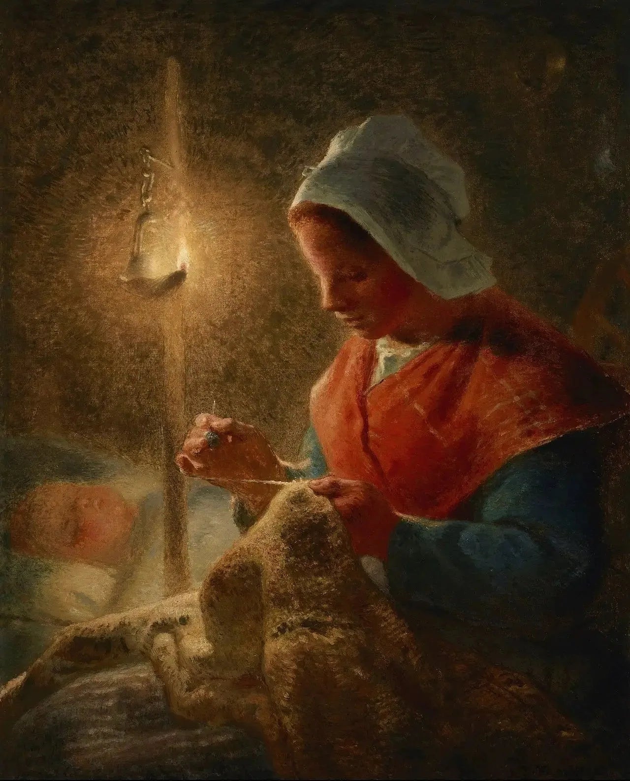 Femme coud à la lumière de la lampe - Jean-François Millet image 1 tableau peint à l’huile sur toile