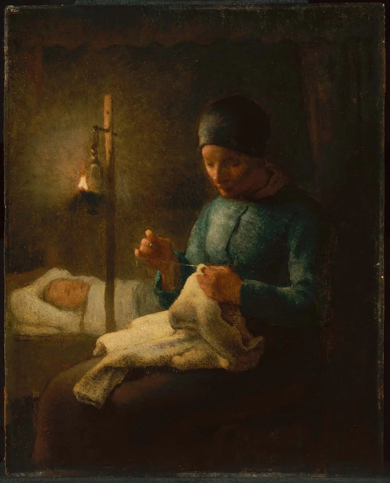 Femme cousant à côté de son enfant endormi - Jean-François Millet image 1 reproduction d’œuvre d’art à l’huile