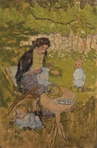 Femme cousant dans un jardin (avec enfants) - Pierre Bonnard image 1 copie peinte à la main à l’huile