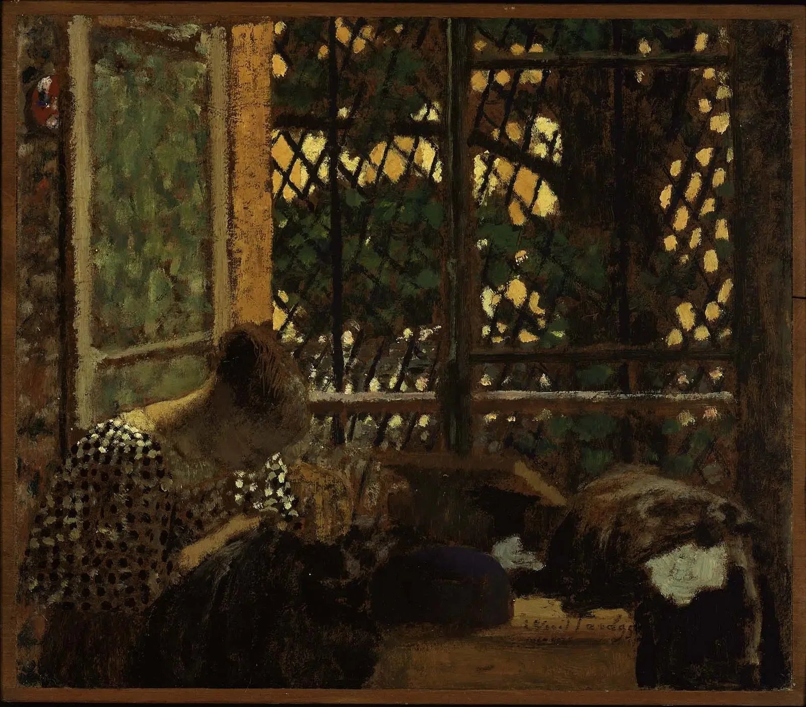 Femme cousant devant une fenêtre de jardin - Édouard Vuillard image 1 reproduction d’œuvre d’art à l’huile