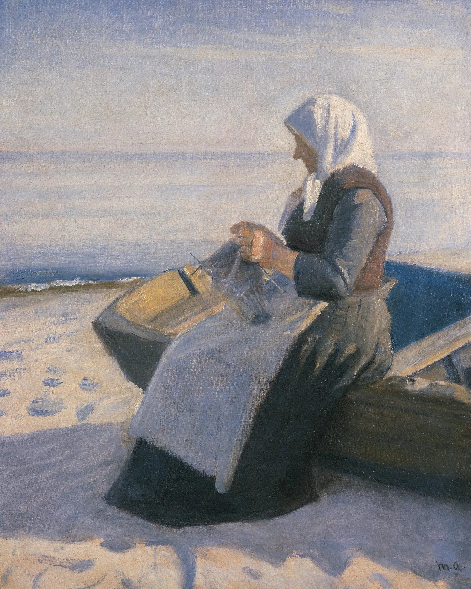 Femme de pêcheur tricotant sur la plage de Skagen - Michael Peter Ancher image 1 reproduction de peinture à l’huile
