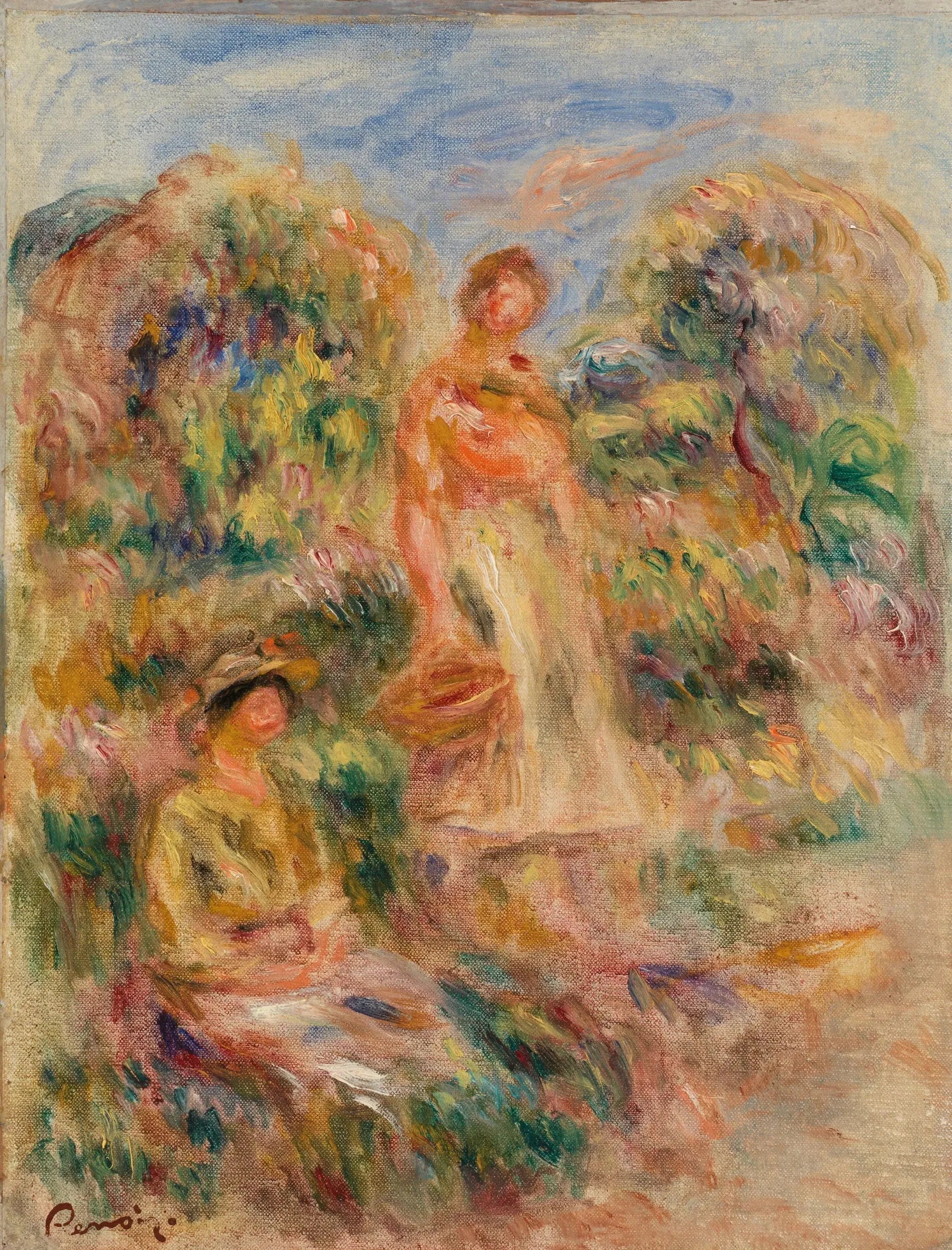 Femme debout et femme assise dans un paysage - Pierre-Auguste Renoir image 1 reproduction de peinture à l’huile
