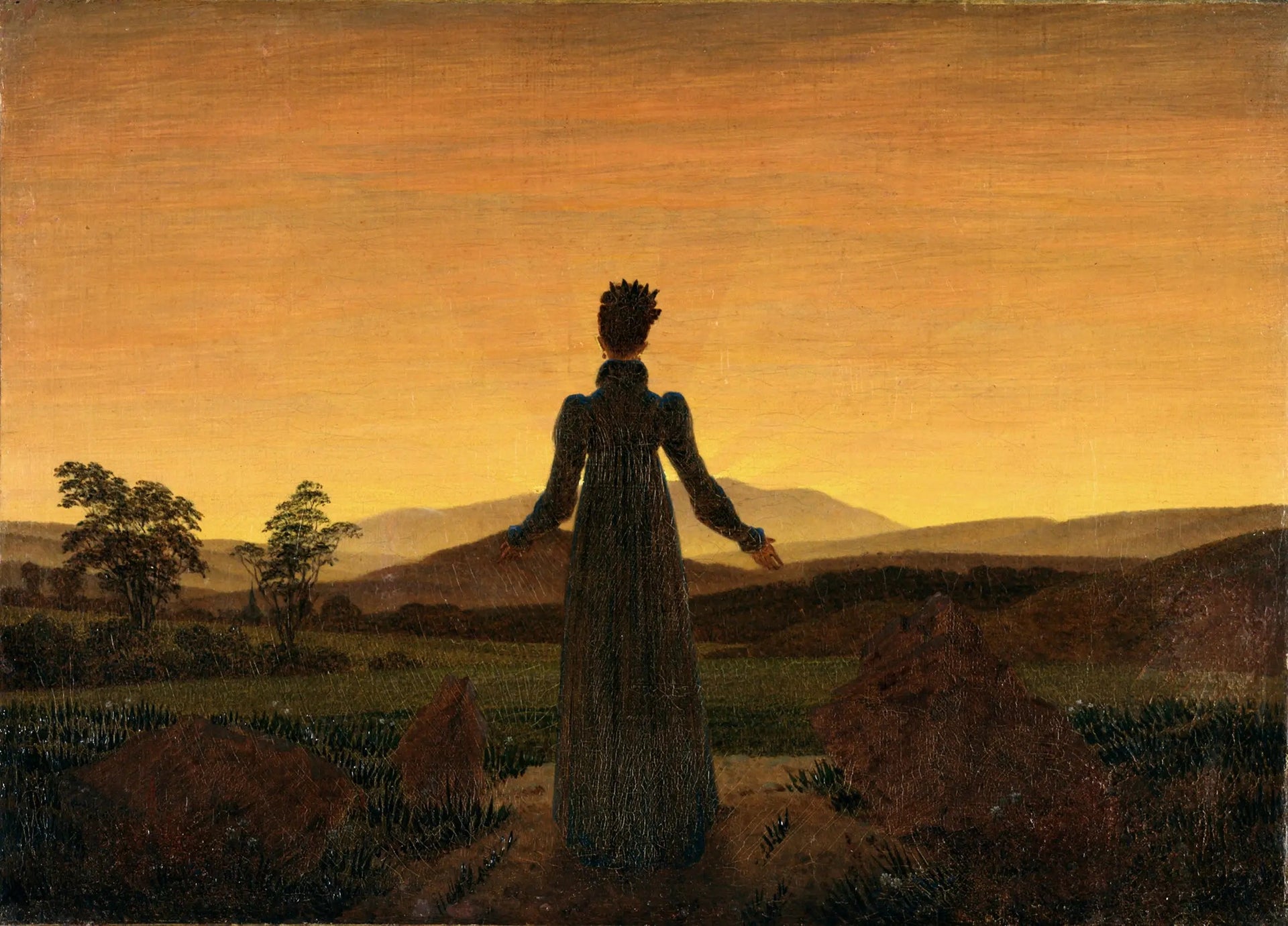 Femme devant le coucher de soleil - Caspar David Friedrich image 1 reproduction artisanale de tableau