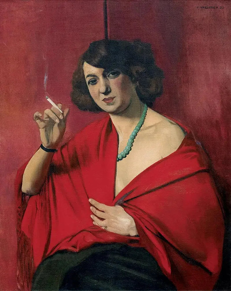 Femme drapée de rouge tenant une cigarette - Félix Vallotton image 1 copie de tableau peinte à la main