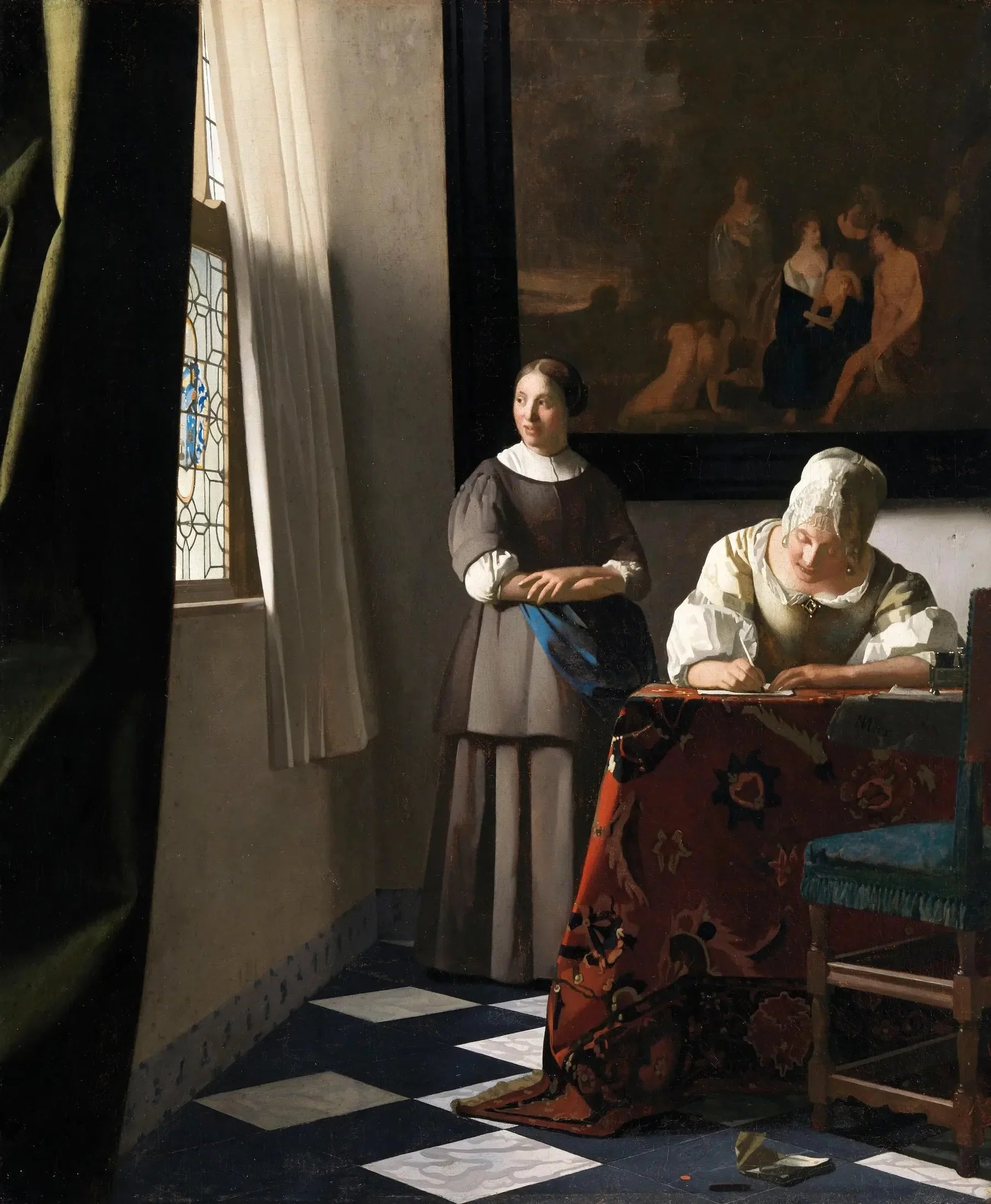 Femme écrivant une lettre et sa servante - Johannes Vermeer image 1 copie peinte à la main à l’huile