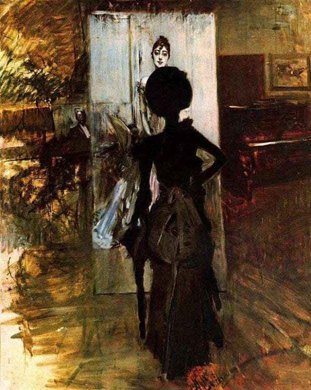 Femme en noir observant le « Pastel blanc » - Giovanni Boldini image 1 reproduction de peinture à l’huile