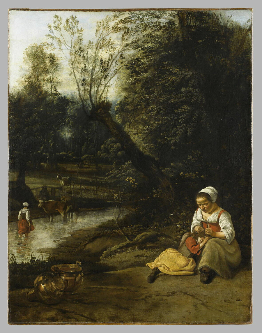 Femme épouillant une fillette au bord de l'eau - Jan Siberechts