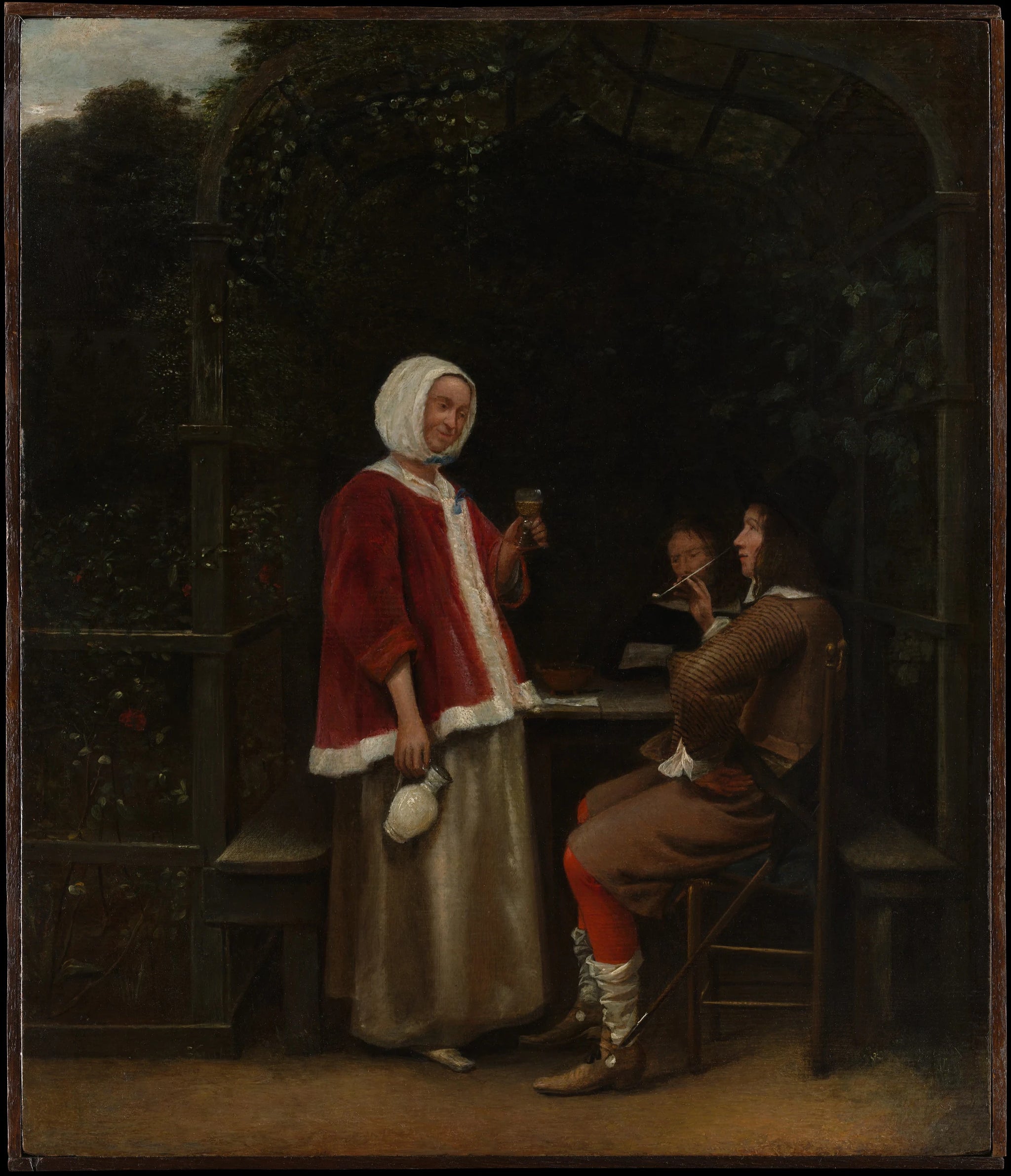 Une femme et deux hommes sous une tonnelle - Pieter de Hooch