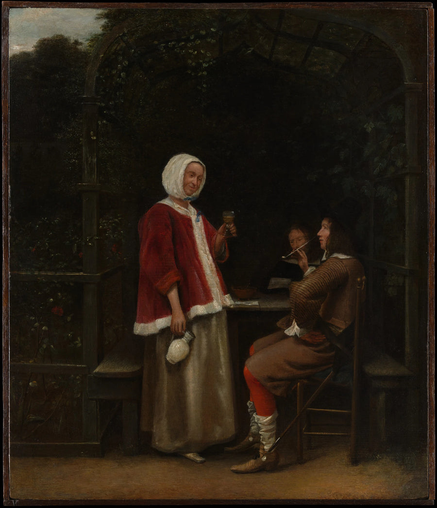 Une femme et deux hommes sous une tonnelle - Pieter de Hooch