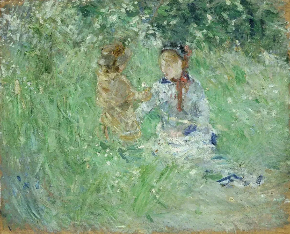 Femme et enfant dans un pré à Bougival - Berthe Morisot image 1 reproduction de peinture à l’huile