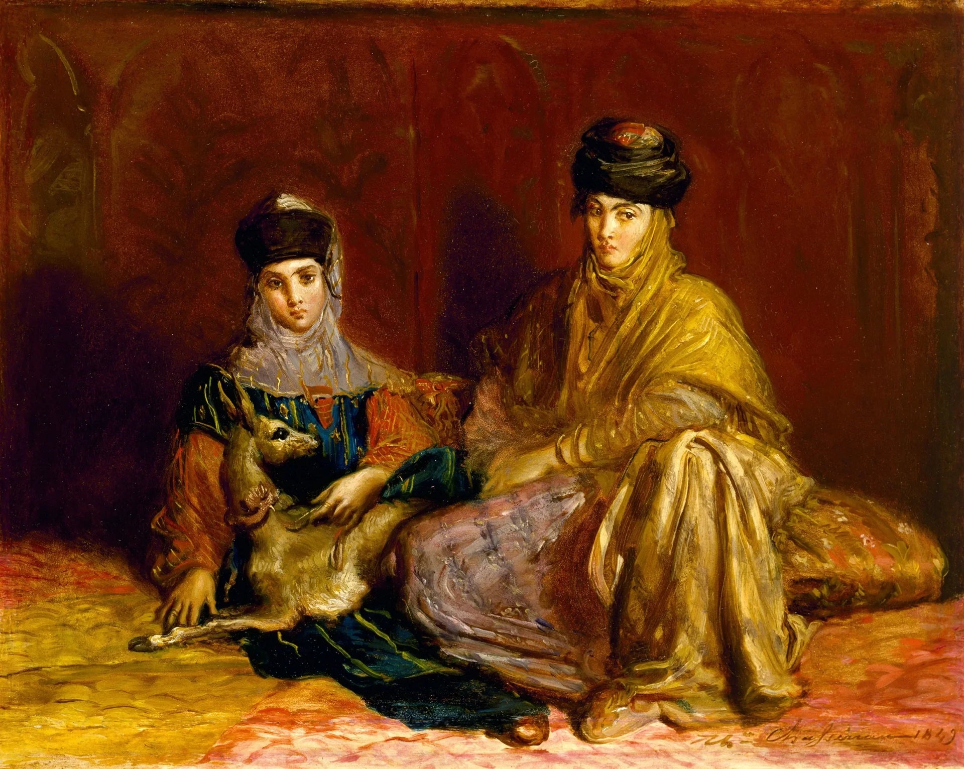 Femme et petite fille de Constantin avec une gazelle - Théodore Chassériau image 1 copie peinte à la main à l’huile
