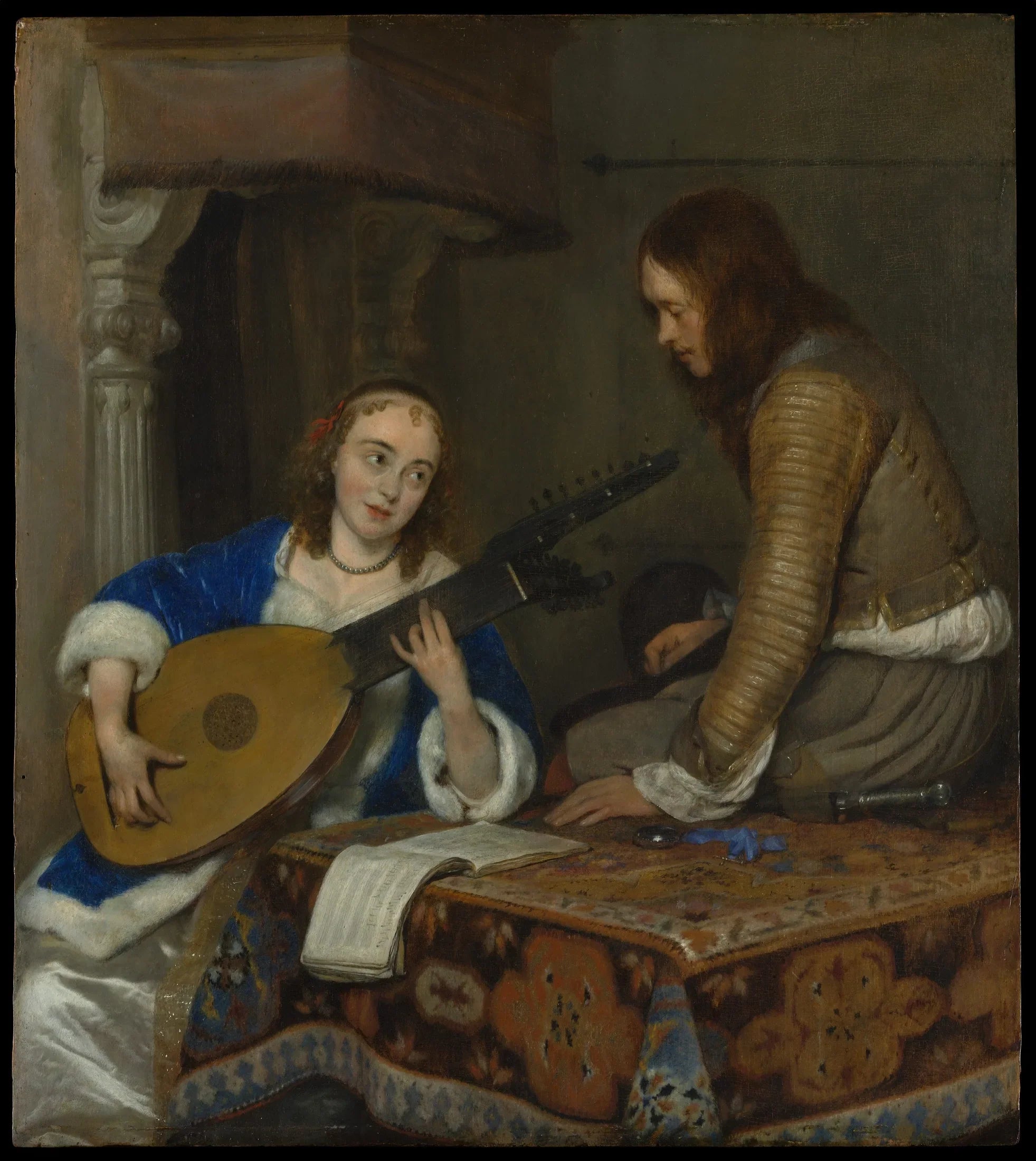 Femme jouant du théorbe et un cavalier - Gerard ter Borch image 1 reproduction artisanale de tableau