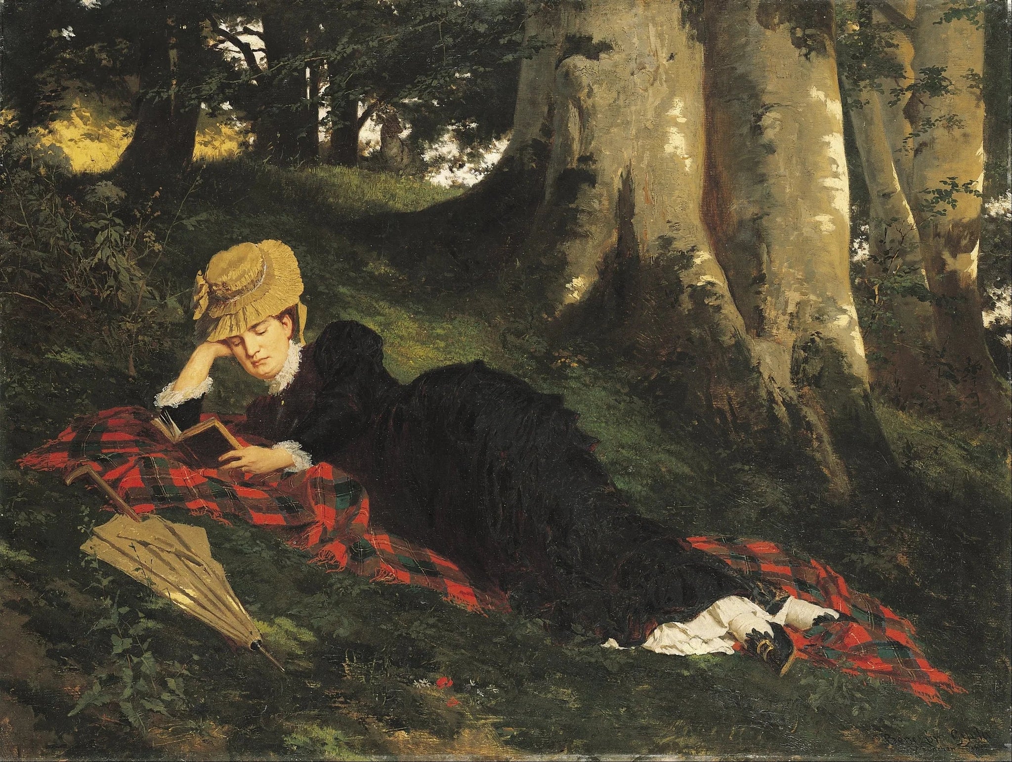 Femme lisant dans une forêt - Gyula Benczúr image 1 reproduction de peinture à l’huile