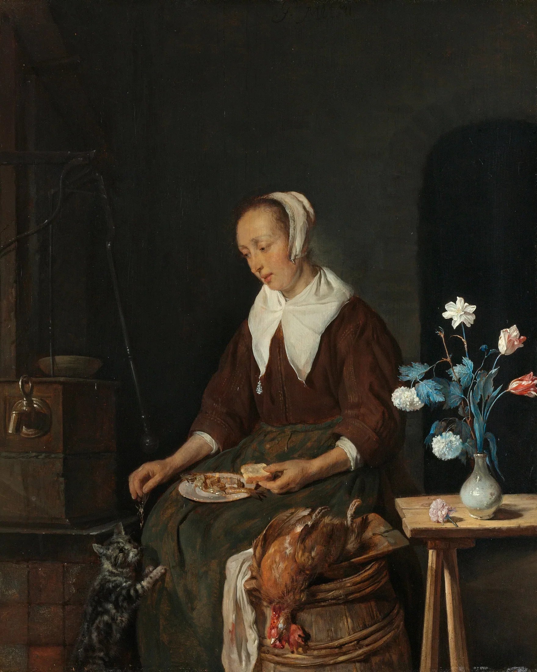 Femme mangeant, connue sous le nom de « Petit-déjeuner du chat » - Gabriel Metsu image 1 reproduction d’œuvre d’art à l’huile