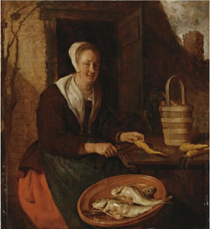 Femme nettoyant des carottes - Gabriel Metsu image 1 reproduction de peinture à l’huile