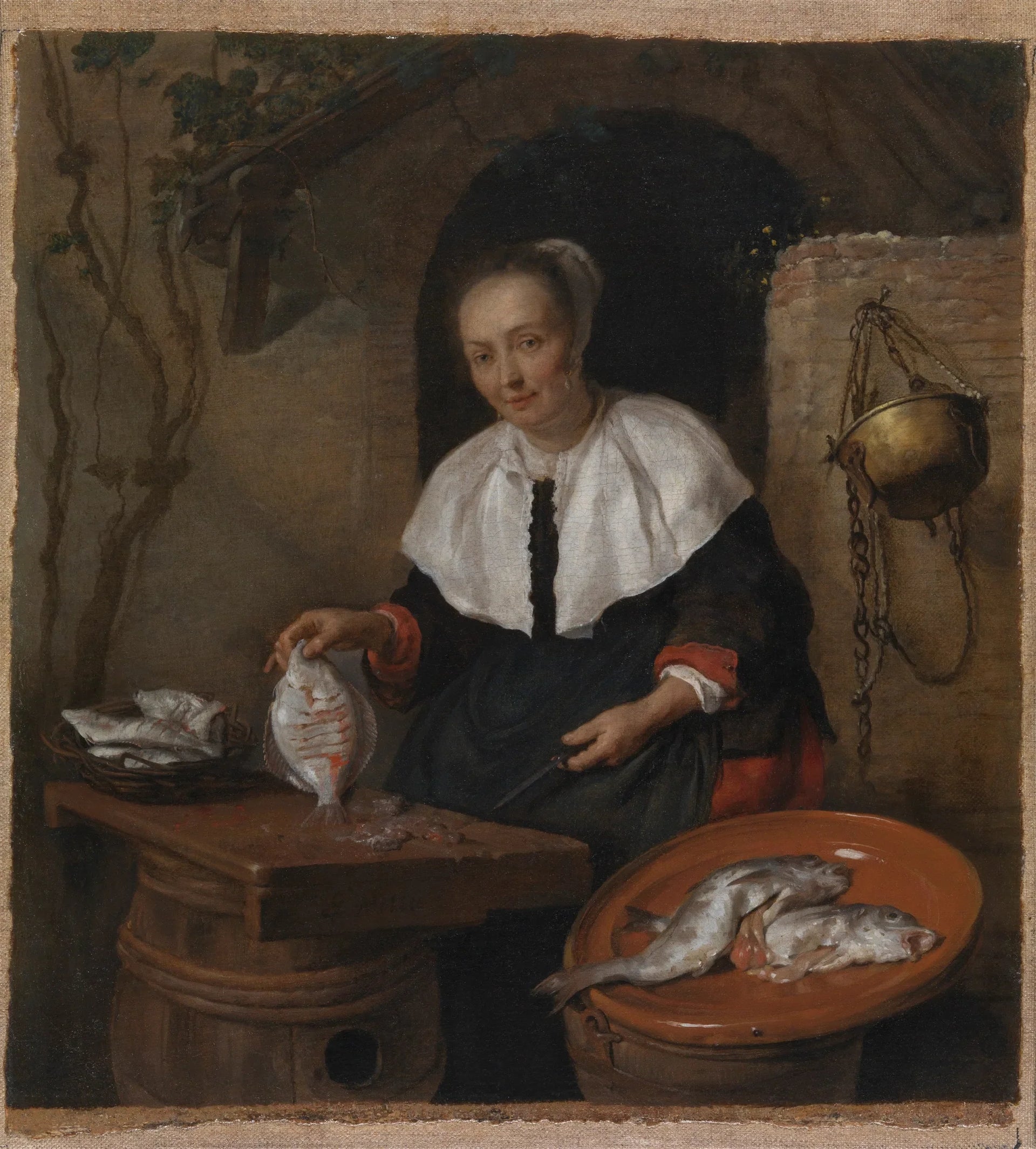 Femme nettoyant du poisson - Gabriel Metsu image 1 reproduction de peinture à l’huile