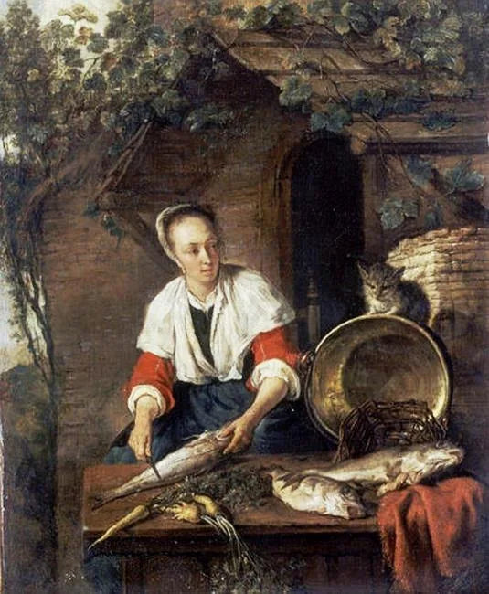 Femme nettoyant un poisson avec un chat - Gabriel Metsu image 1 tableau peint à l’huile sur toile