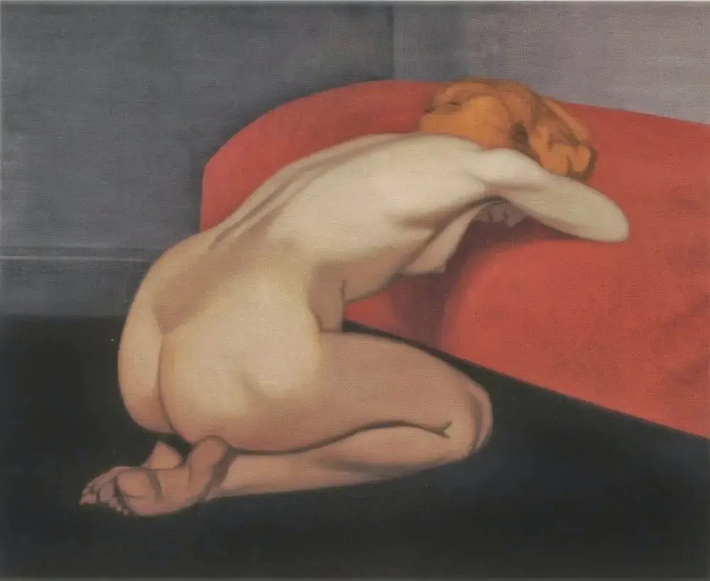 Femme nue agenouillée devant un canapé rouge - Félix Vallotton image 1 reproduction de peinture à l’huile