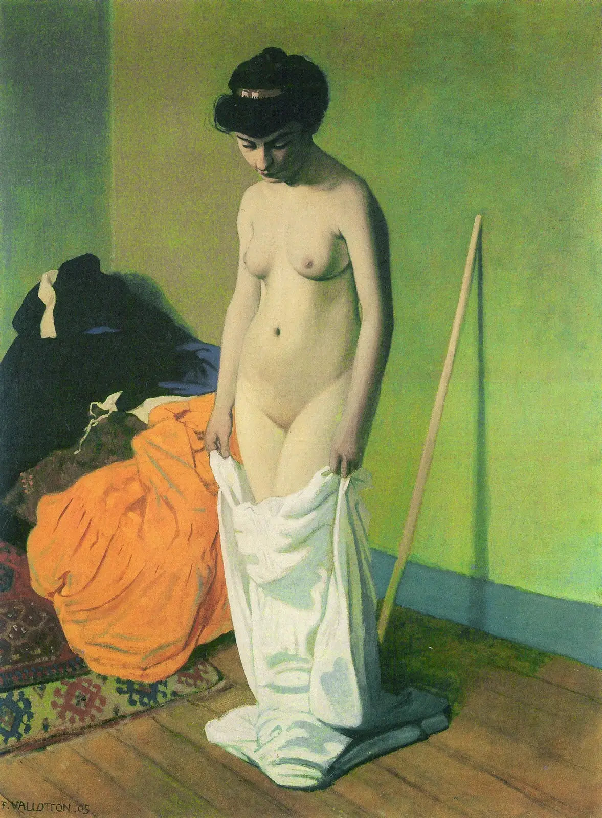 Femme nue debout tenant sa chemise à deux mains - Félix Vallotton image 1 reproduction de peinture à l’huile