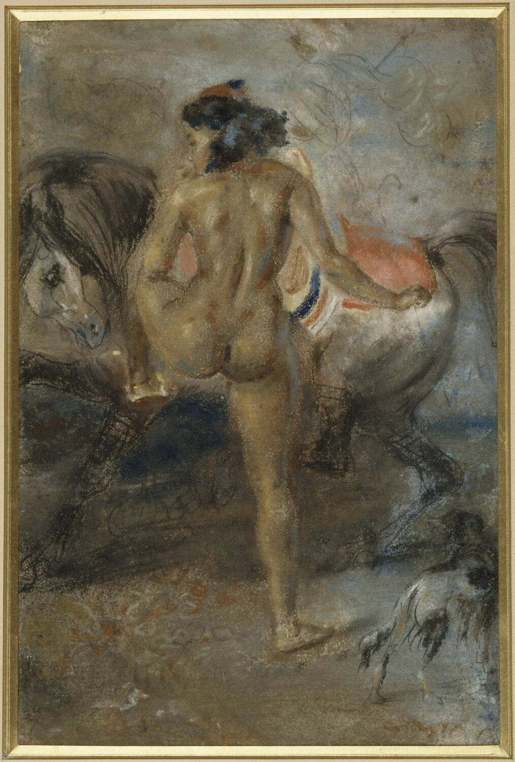 Femme nue de dos montant à cheval ou Amazone - Jules Robert Auguste