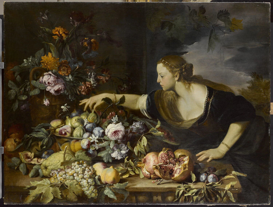 Femme prenant un fruit dans une coupe de fleurs et de fruits - Abraham Brueghel