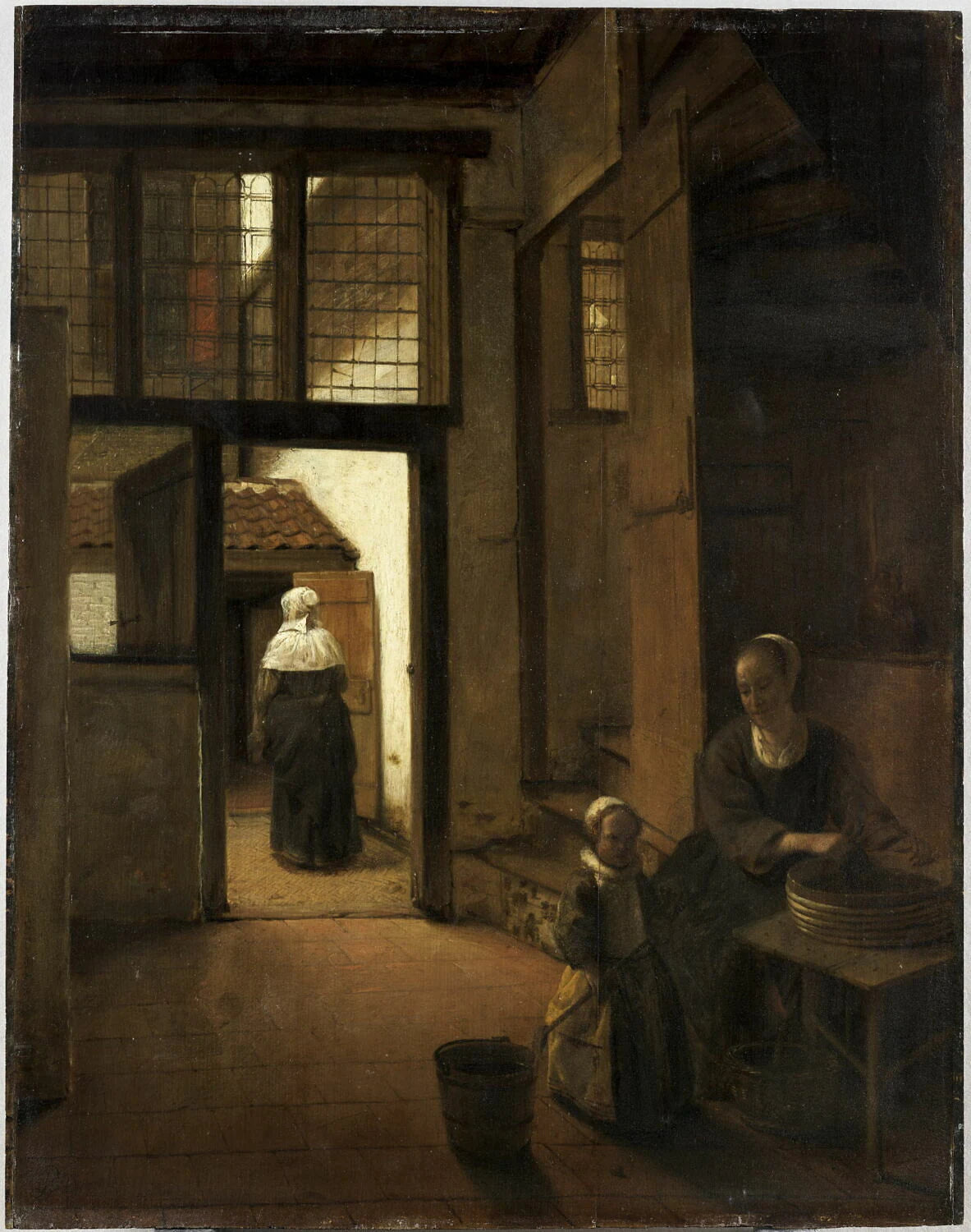 Femme préparant des légumes dans la pièce arrière d'une maison hollandaise - Pieter de Hooch