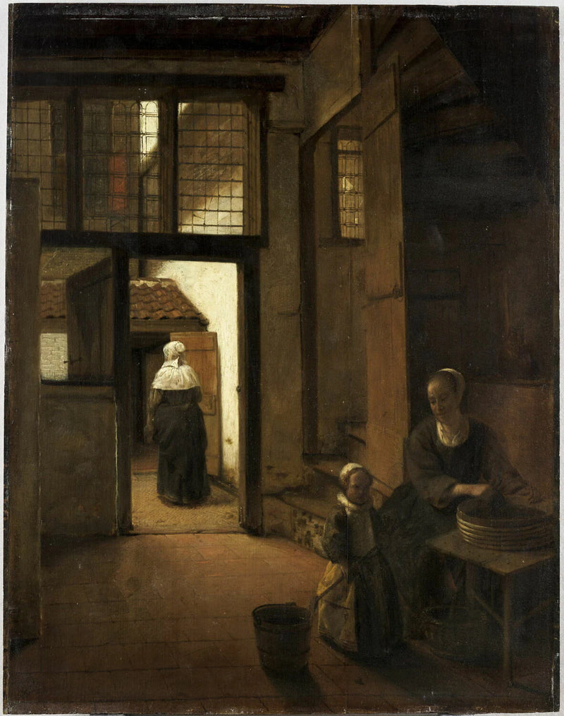 Femme préparant des légumes dans la pièce arrière d'une maison hollandaise - Pieter de Hooch