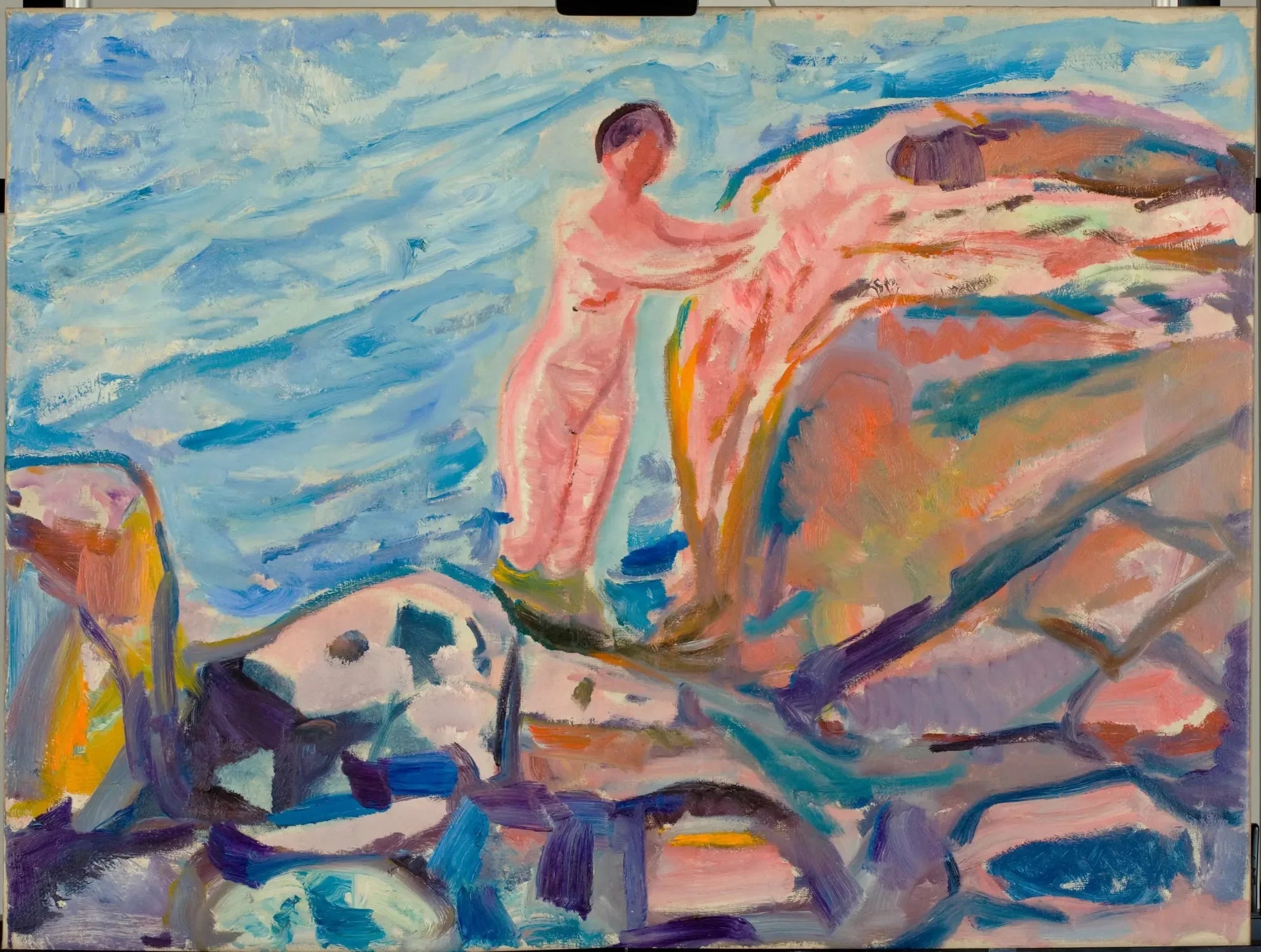 Femme se baignant près d'une falaise rouge - Edvard Munch image 1 copie peinte à la main à l’huile