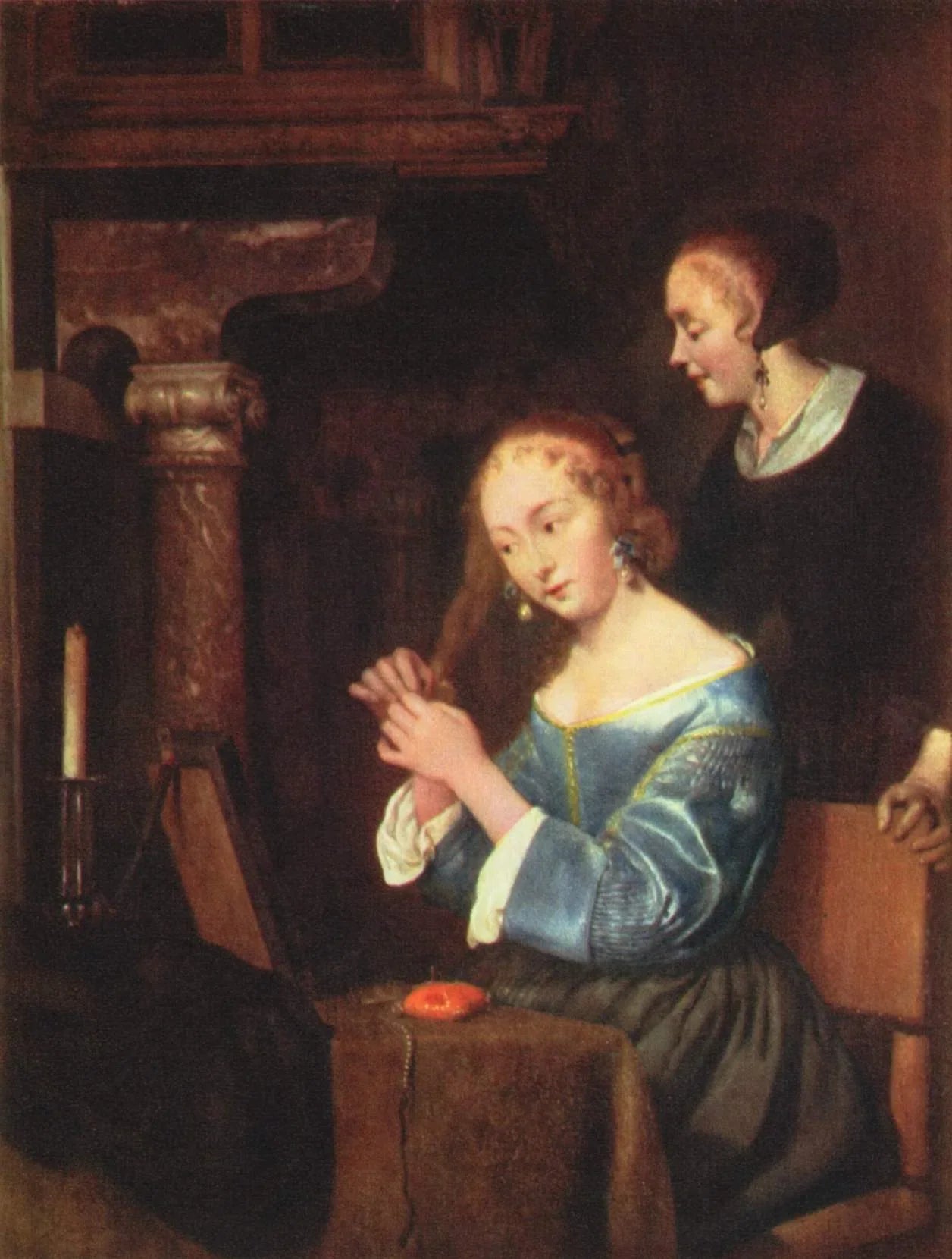 Femme se coiffe - Gerard ter Borch image 1 reproduction de peinture à l’huile