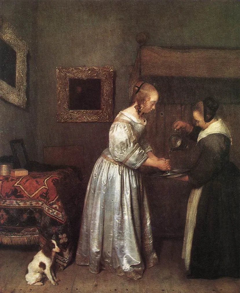 Femme se lave les mains - Gerard ter Borch image 1 copie peinte à la main à l’huile