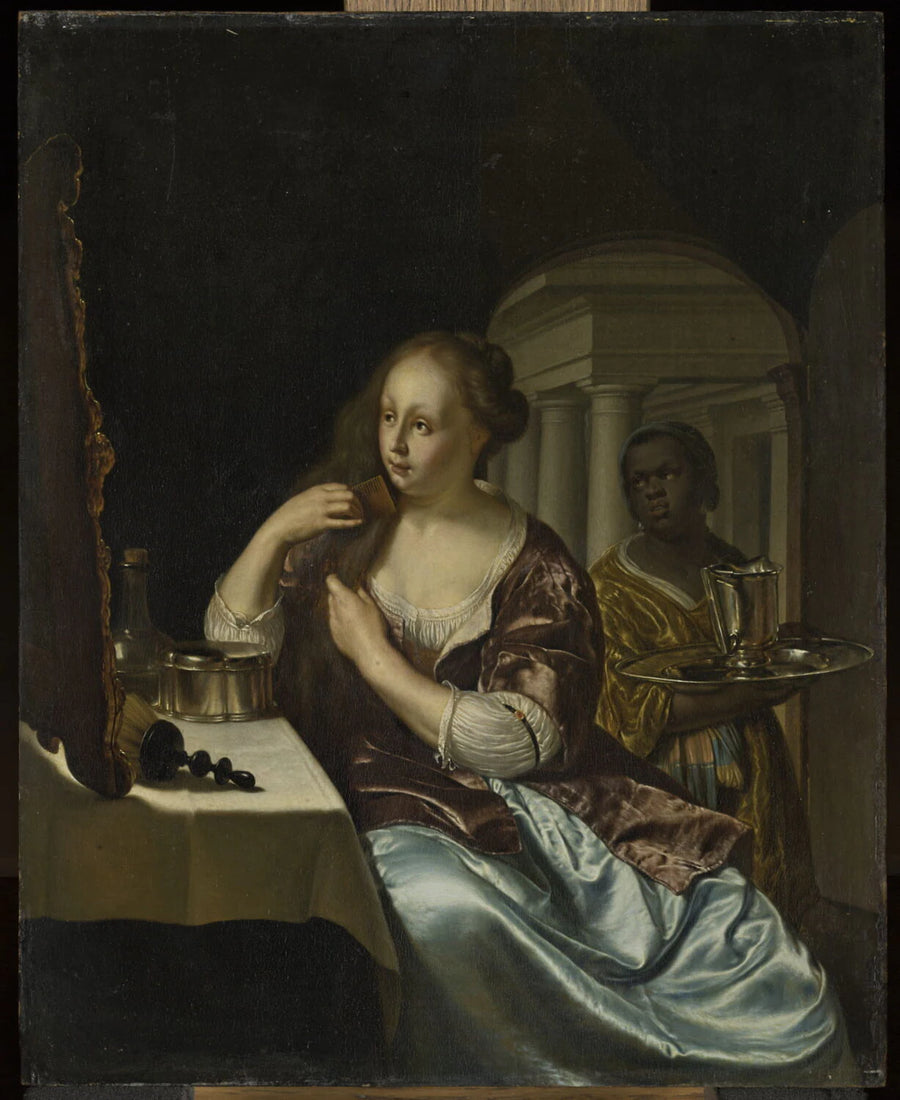 Femme se peignant, assistée d un jeune serviteur noir - Frans van Mieris