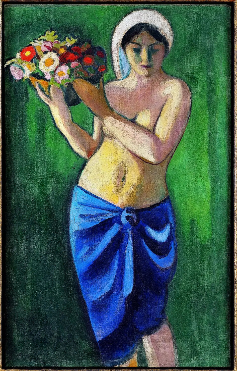 Femme soutenant un bol de fleurs - August Macke image 1 reproduction artisanale de tableau