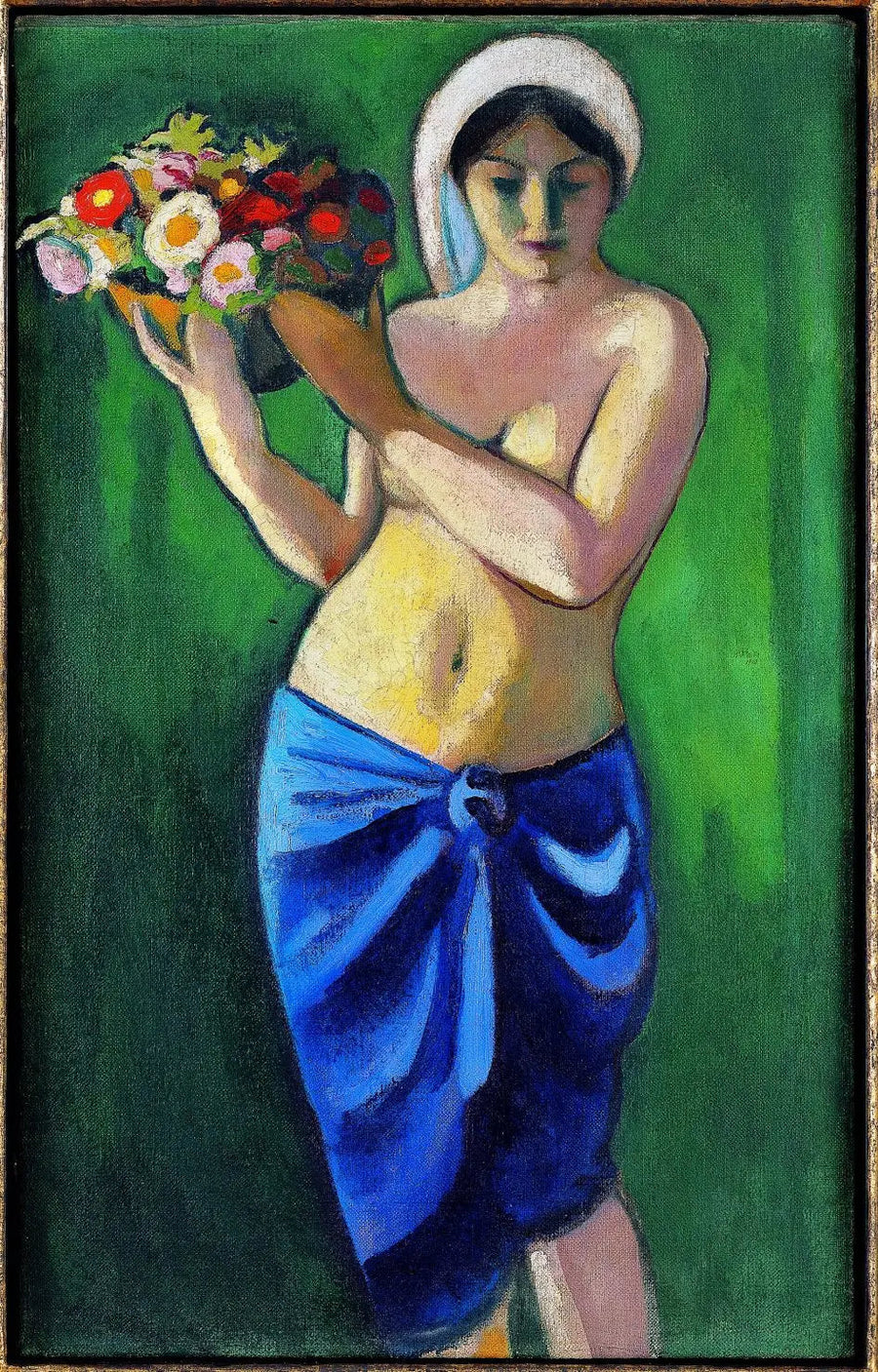 Femme soutenant un bol de fleurs - August Macke