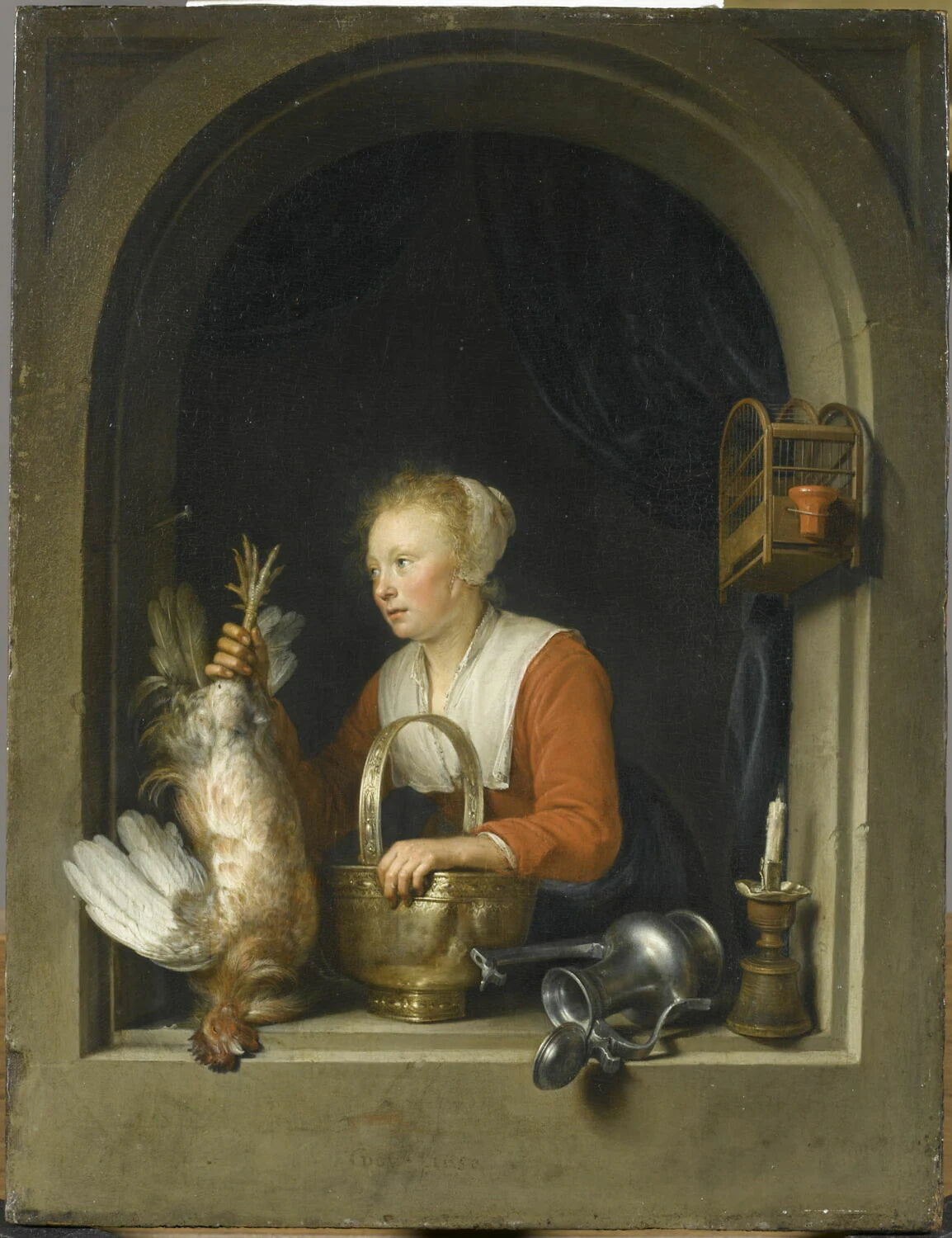 Femme tenant un coq mort - Gerard Dou