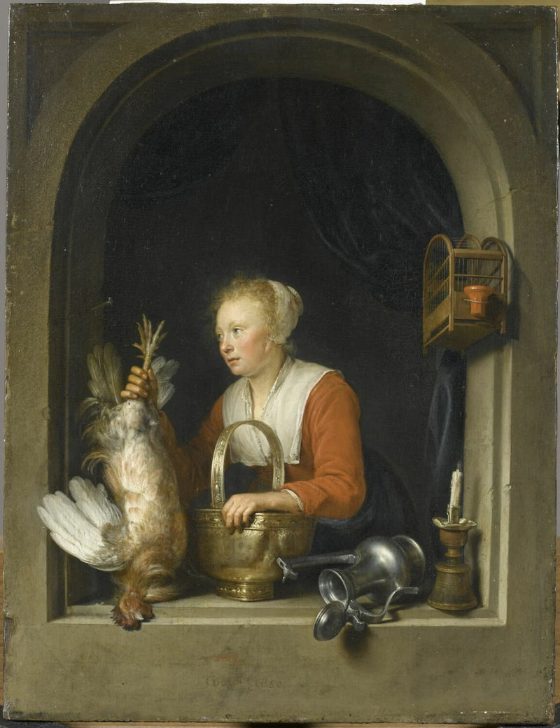 Femme tenant un coq mort - Gerard Dou