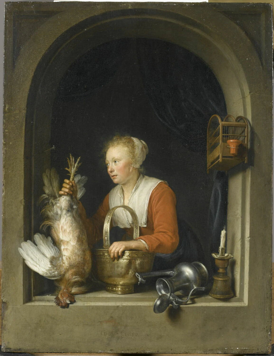Femme tenant un coq mort - Gerard Dou