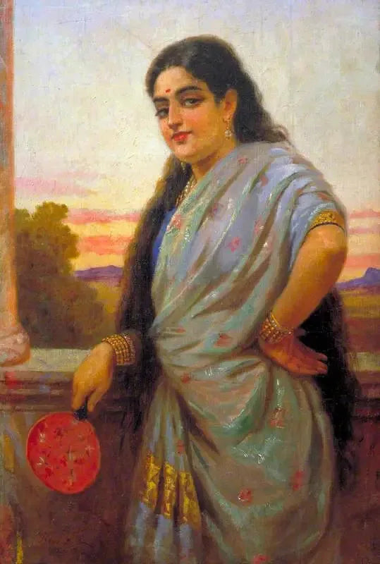 Femme tenant un éventail - Ravi Varmâ image 1 reproduction artisanale de tableau