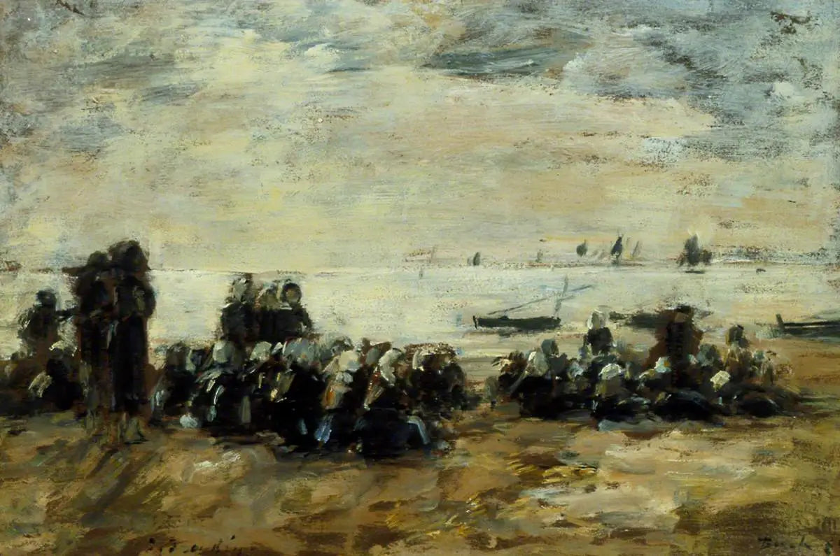 Femmes attendant les bateaux de pêche sur la plage de Berck - Eugène Boudin image 1 copie peinte à la main à l’huile