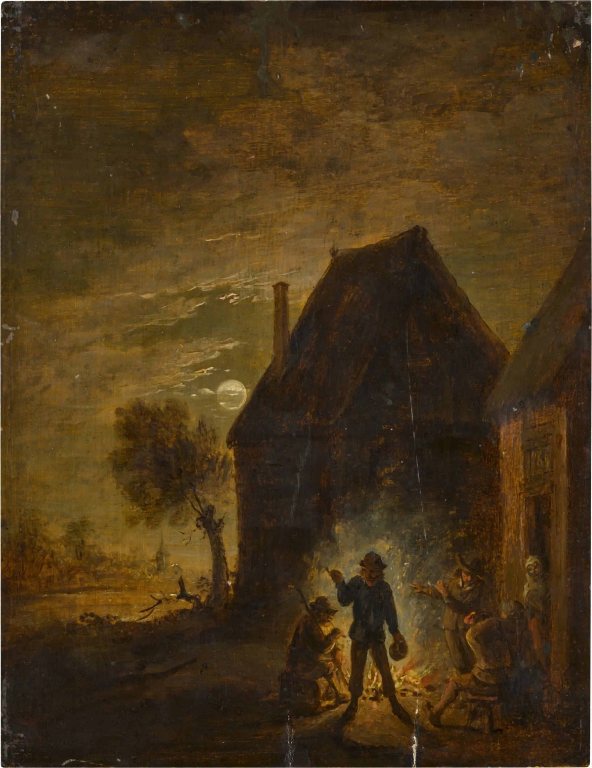 Ferme au clair de lune avec des personnages autour d'un feu - David Teniers le Jeune image 1 reproduction artisanale de tableau